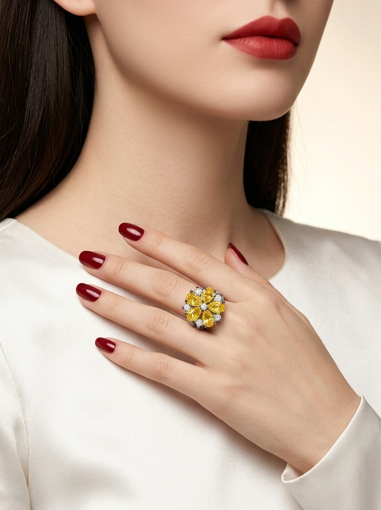 A close-up lifestyle shot of a model wearing a yellow flower-shaped ring with small blue accent stones on her finger, paired with a white satin top and dark red nail polish.