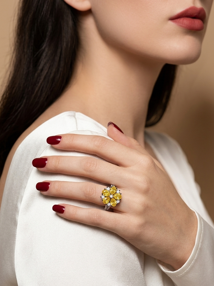 A close-up lifestyle shot of a model wearing a yellow flower-shaped ring with clear stones on her finger, paired with a white satin top and dark red nail polish against a warm beige background.