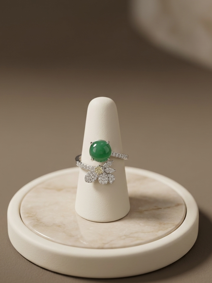 A silver ring with a round green gemstone and a floral cluster of small clear stones, displayed on a white cone ring stand over a round marble tray against a warm taupe background.