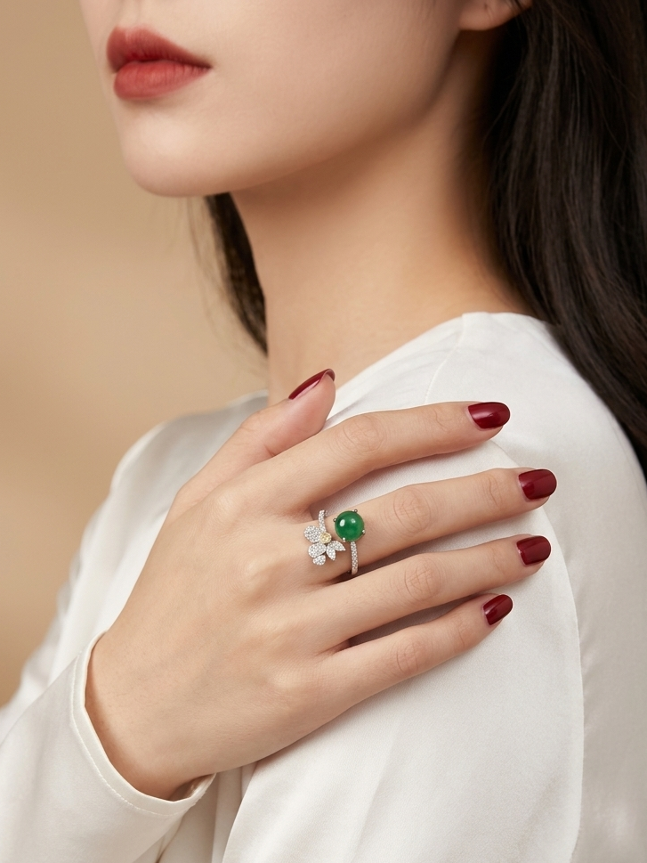 A close-up lifestyle shot of a woman wearing a silver ring with a green oval gemstone and small clear stones, shown on her hand resting on her shoulder.