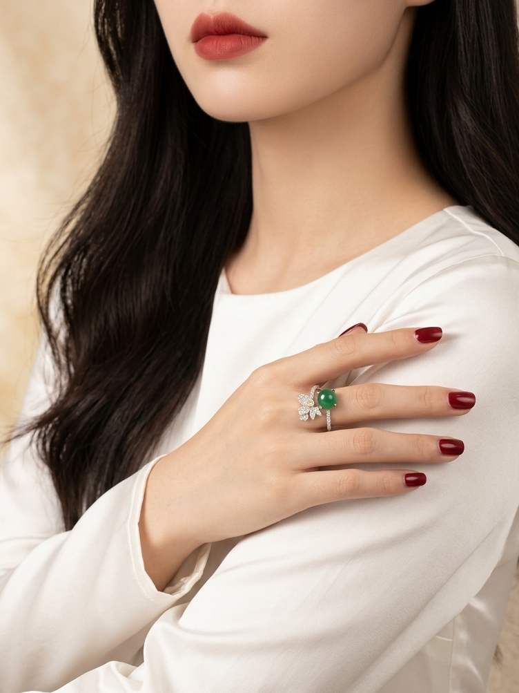A close-up of a woman wearing a silver ring with a green heart-shaped gemstone and clear stones, styled with a white long-sleeve top and dark red nail polish.