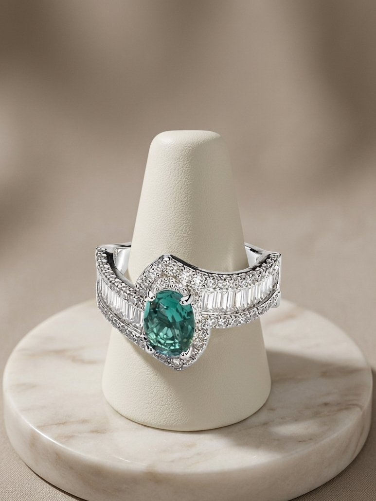 An ornate silver ring with a large oval green emerald center stone and baguette-cut side stones, displayed on a white cone stand over a round marble base against a warm beige background.
