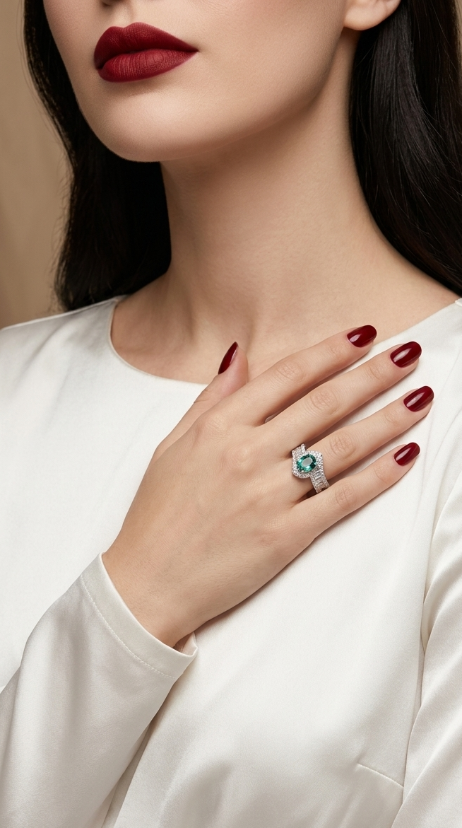 A close-up of a woman wearing a white satin blouse and dark red lipstick, showcasing a silver ring with a round-cut light blue gemstone on her finger.