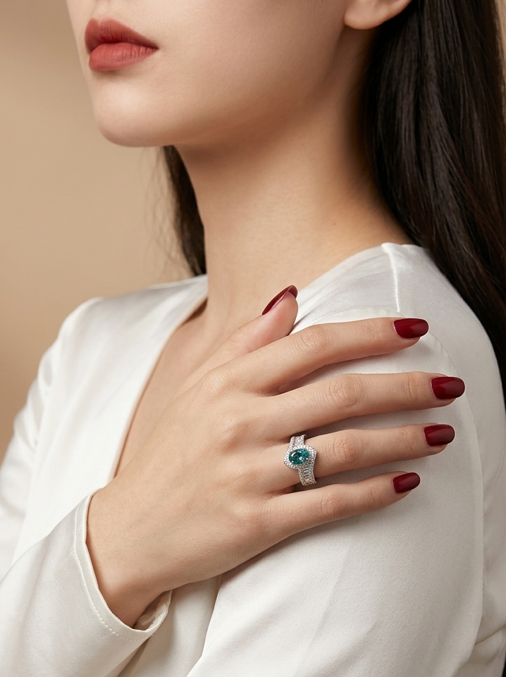 A close-up of a woman wearing a silver ring with a round green gemstone, shown on her finger as she wears a white satin blouse against a warm beige background.