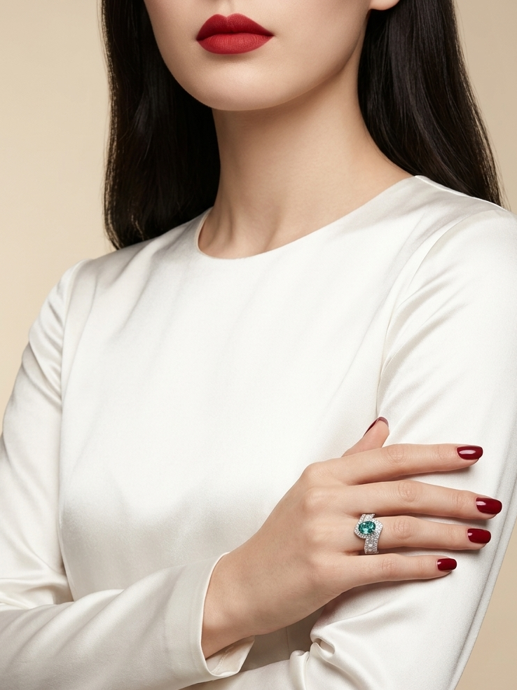 A close-up of a woman wearing a white long-sleeve top and a silver ring with a green heart-shaped gemstone, posed with her arms crossed against a solid beige background.