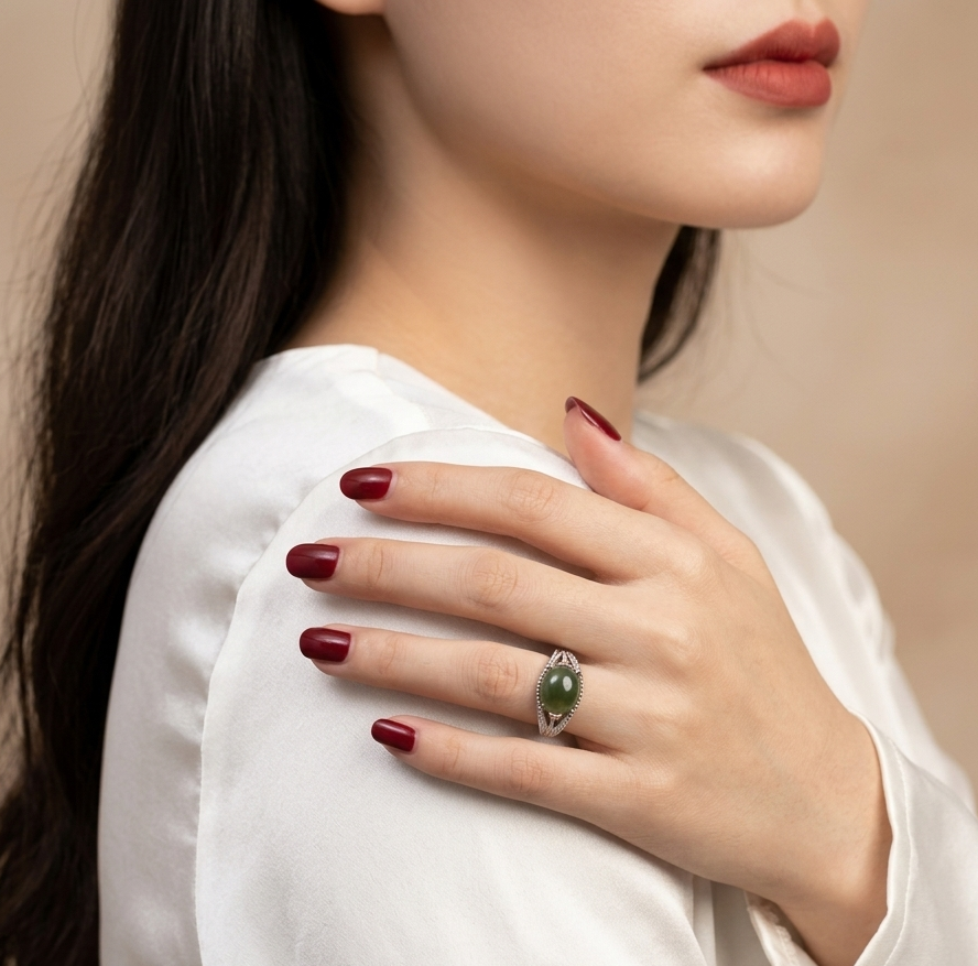 A close-up of a woman wearing a silver ring with a green oval stone, resting her hand on her shoulder. She is wearing a white satin top and has dark red nail polish against a soft beige background.