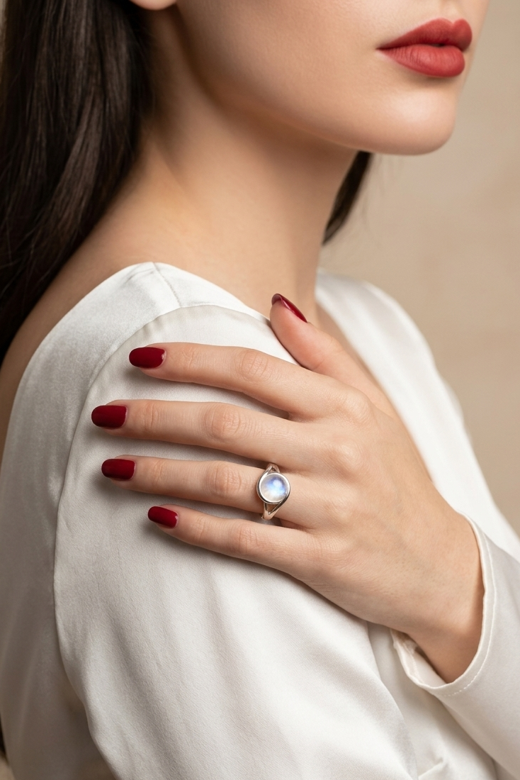 A close-up lifestyle shot of a woman wearing a silver ring with a round light blue stone on her ring finger, dressed in a white satin top against a soft beige background.