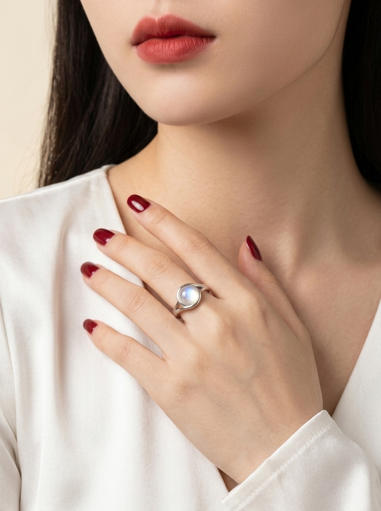 A close-up of a woman wearing a silver ring with a round, light blue stone, styled with dark red nail polish and a white satin top.