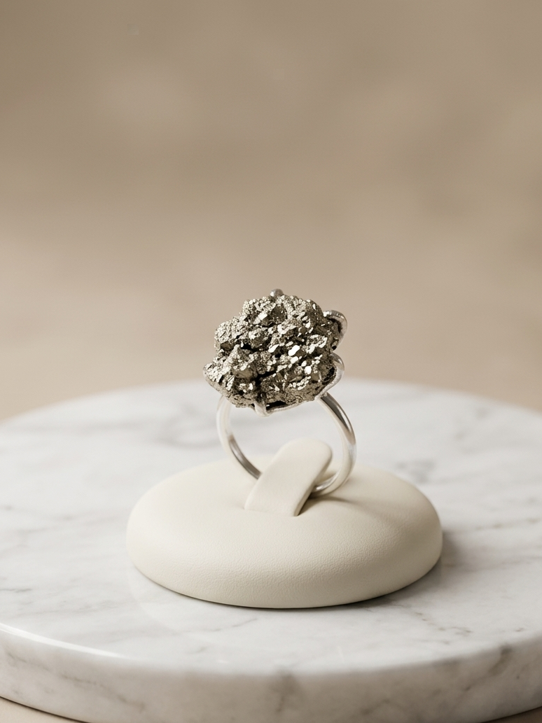 A silver ring with a textured, flower-like cluster setting, displayed on a small white stand atop a round white marble tray against a soft beige background.