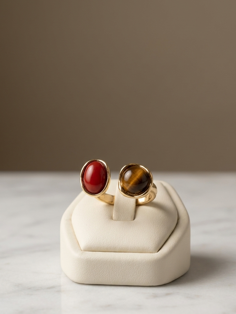 Two gold rings displayed on a cream ring box. One ring features a smooth, oval red cabochon stone, and the other features an oval brown and black tiger's eye stone, set against a neutral background.