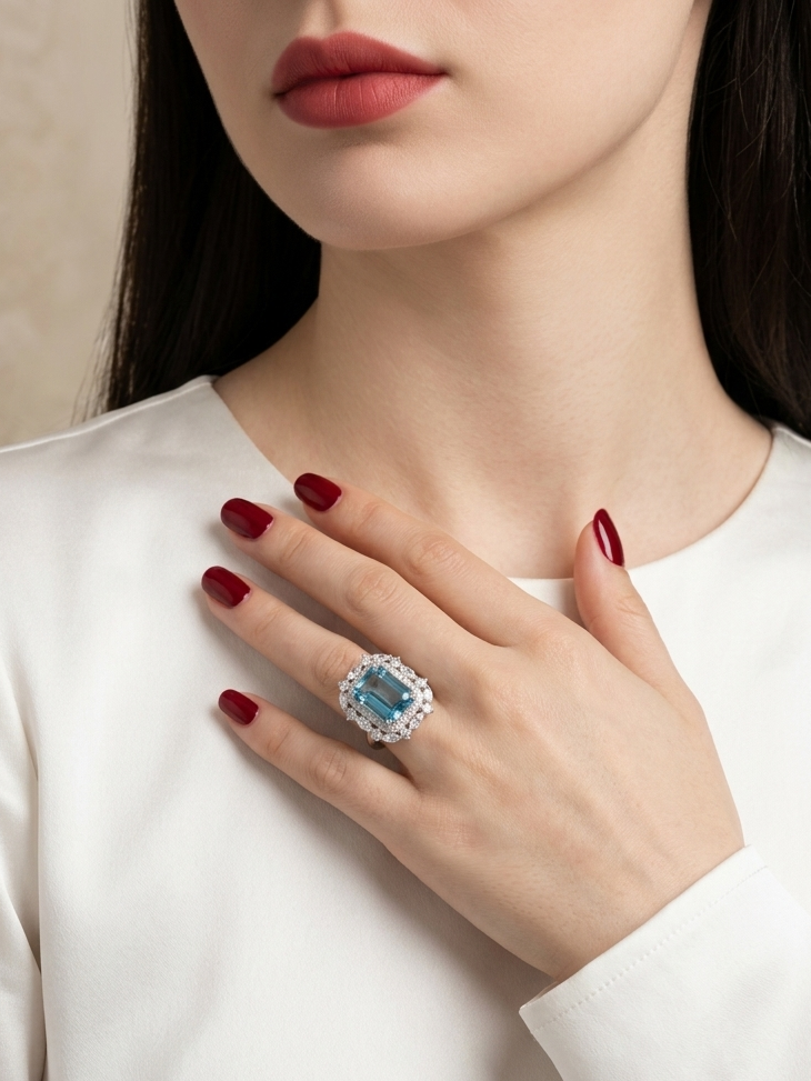 A close-up of a model wearing a silver ring with a rectangular blue gemstone surrounded by small clear stones, styled on her hand against a white top.