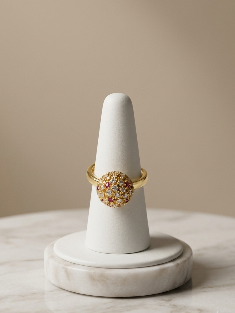 A gold ring with a round, textured multicolor stone sits on a white cone ring holder placed on a white marble surface against a warm beige background.