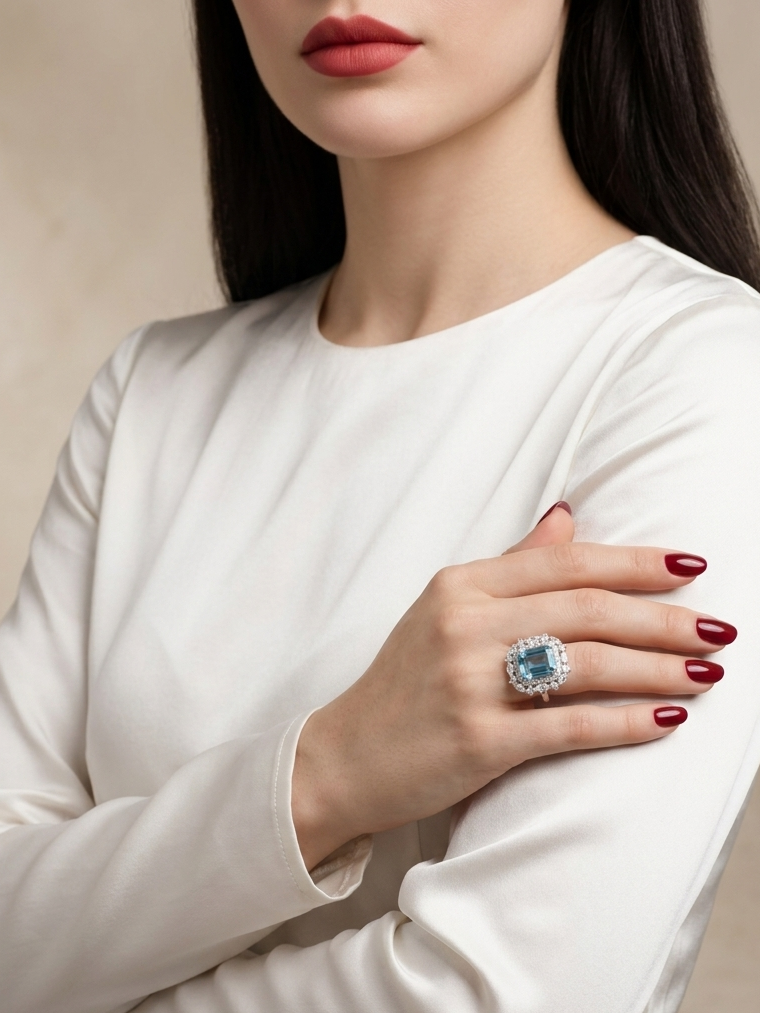 A close-up of a woman wearing a white long-sleeve top and a silver ring with a large blue gemstone, posed against a neutral beige background.