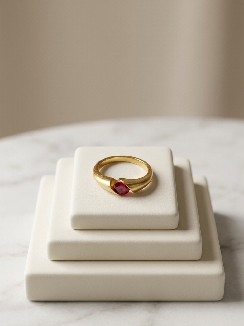 A gold ring with a small red heart-shaped gemstone, displayed on a stack of three cream-colored square pedestals on a white marble surface.