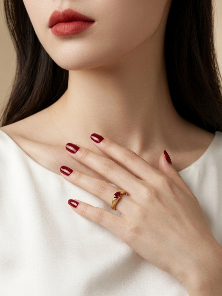 A close-up of a woman wearing a gold ring with a red heart-shaped stone on her finger, with her hand resting on her chest. She is wearing a white top and has dark hair, with red nail polish.