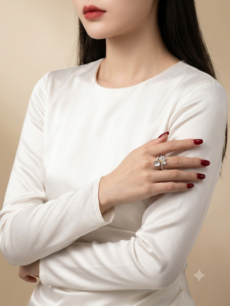 A close-up lifestyle shot of a model wearing a silver ring with a white pearl and clear crystals, styled with dark red nail polish  