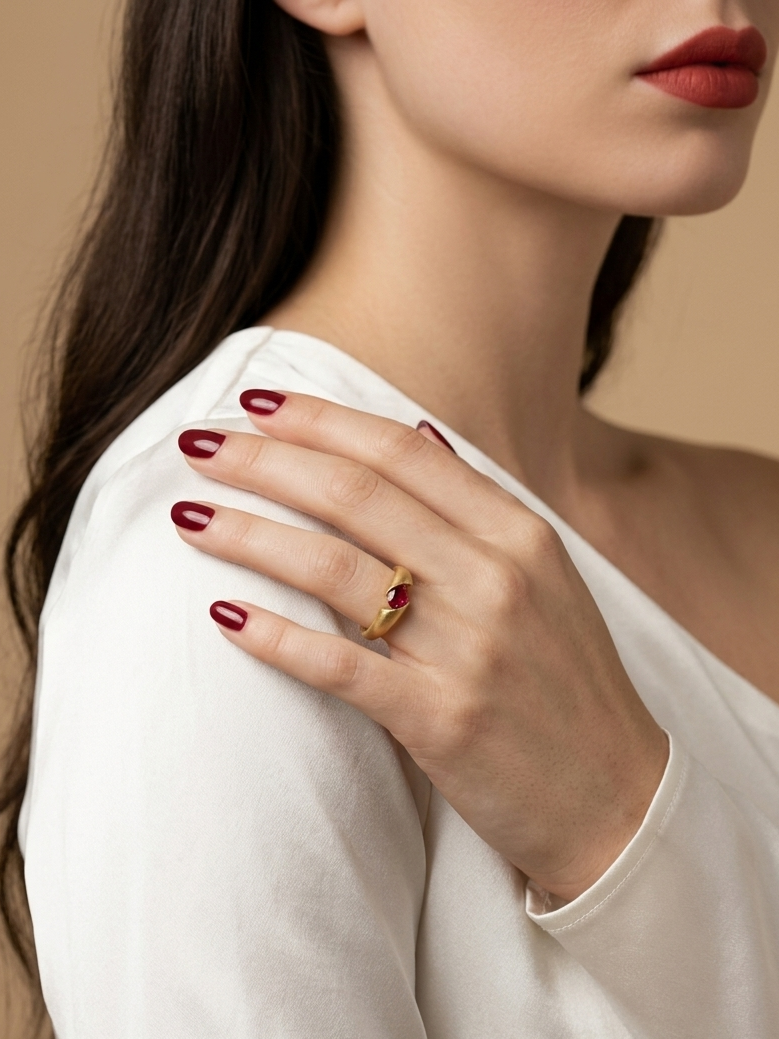 A close-up lifestyle shot of a woman wearing a delicate gold ring with a small red gemstone on her ring finger, paired with a white one-shoulder top and dark red nail polish against a warm beige background.