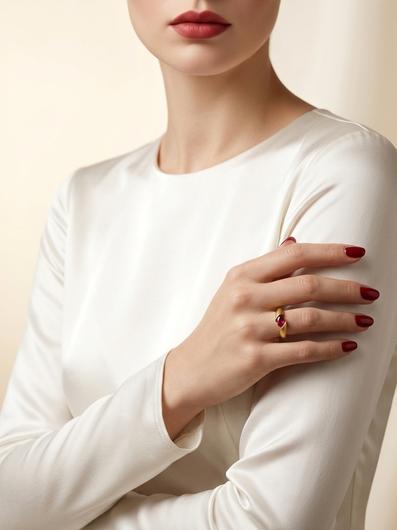 A close-up of a model wearing a white long-sleeve top and a gold ring with a red gemstone on her finger, set against a warm beige background.