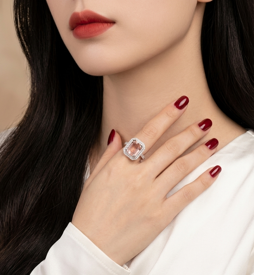 A close-up lifestyle shot of a woman wearing a silver ring with a large square-cut clear gemstone on her finger, styled with dark red nail polish and a white satin top against a soft beige background.