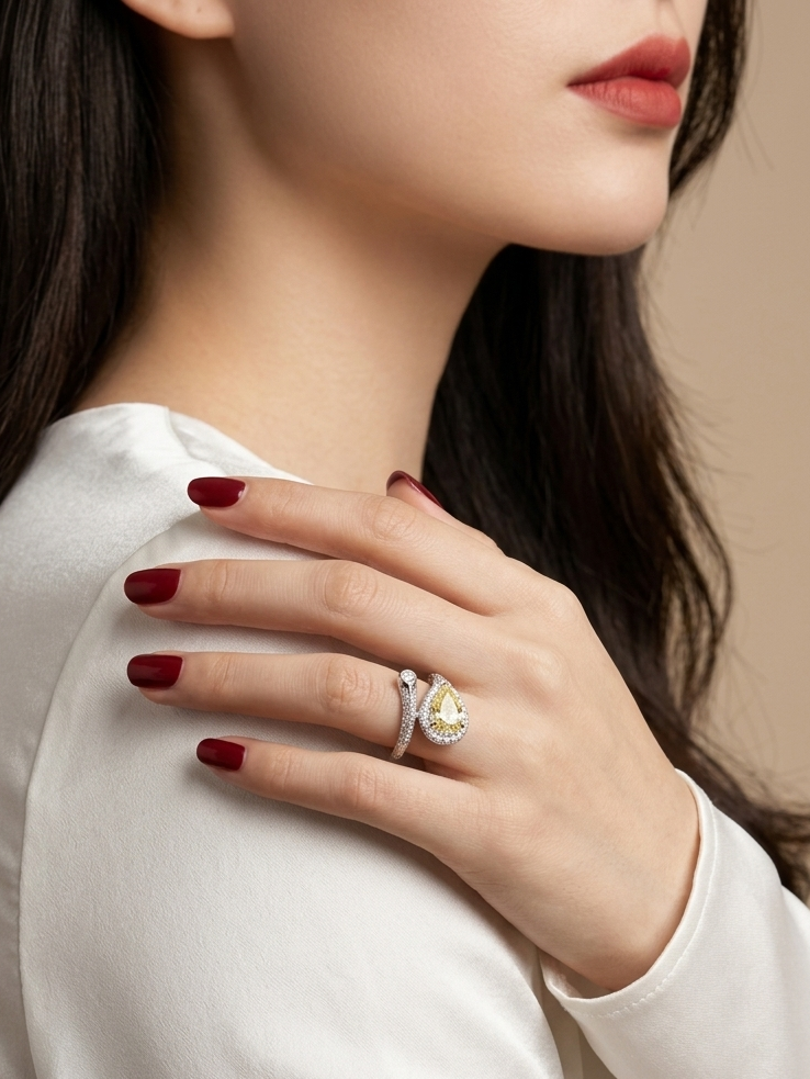 A close-up lifestyle shot of a woman wearing a silver ring with a yellow and white stone, resting her hand on her shoulder. She is wearing a white satin blouse against a solid beige background.
