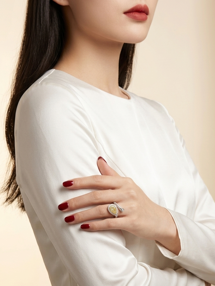 A close-up of a woman wearing a white long-sleeve top and a gold ring with a round clear stone, posed with her arms crossed against a warm beige background.