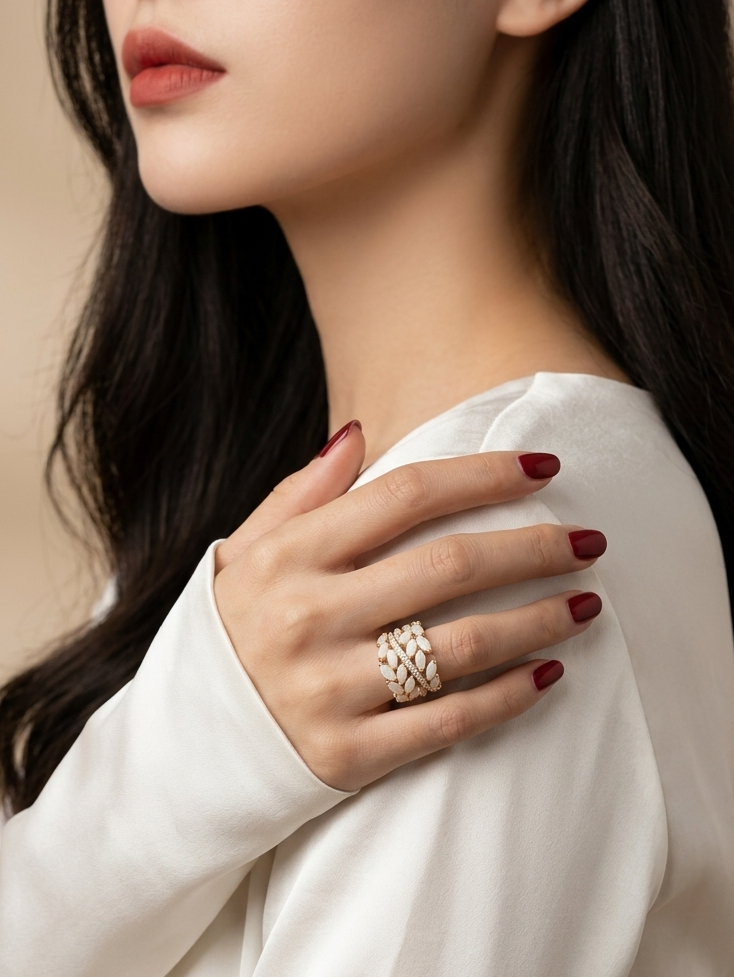 A close-up of a woman wearing a wide, textured silver ring on her finger, styled with dark red nail polish and a white satin top against a soft beige background.