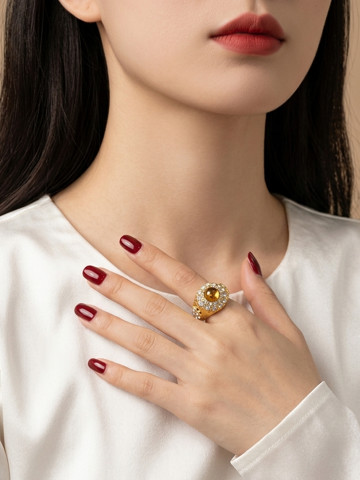 A close-up of a woman wearing a large gold ring with a yellow gemstone and clear accent stones on her finger, paired with a white satin top and dark red nail polish against a warm beige background.