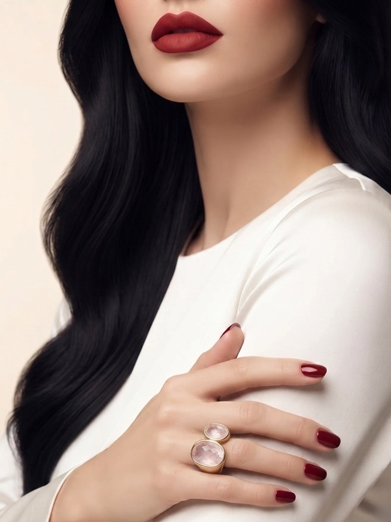 A close-up of a woman wearing a white long-sleeve top, with her hand resting on her arm, showcasing a statement ring with a large pale pink stone and a smaller gold ring. She has long, wavy black hair and dark red lipstick.