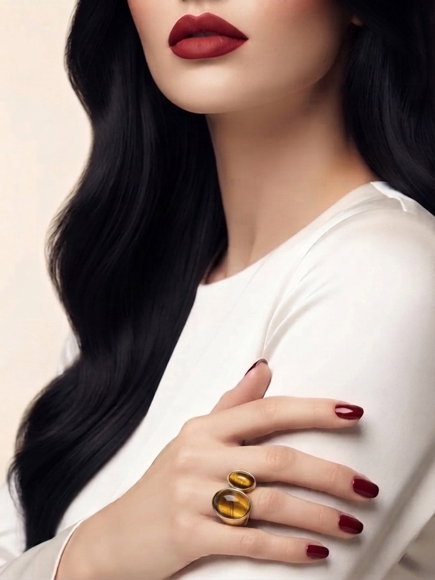 A close-up lifestyle shot of a model wearing a large gold ring with two stacked oval tiger's eye stones. The model has long, wavy black hair, dark red lipstick, and matching dark red nail polish, wearing a white top against a soft beige background.
