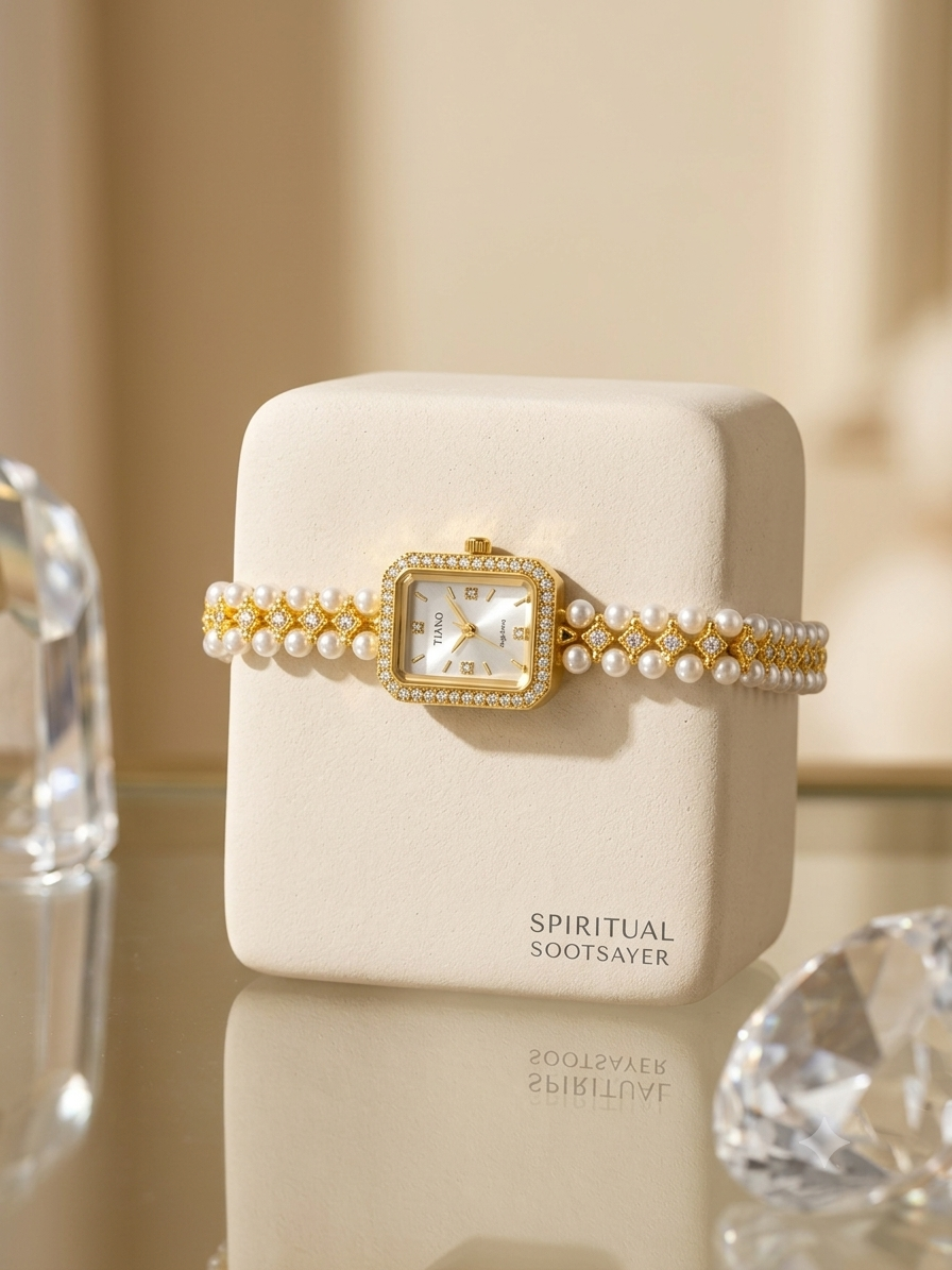 A gold-tone and pearl bracelet watch by Spiritual Sootsayer, displayed on a cream-colored jewelry box. The watch features a square bezel set with small clear stones and a white dial, with a double-row pearl bracelet accented by gold links.