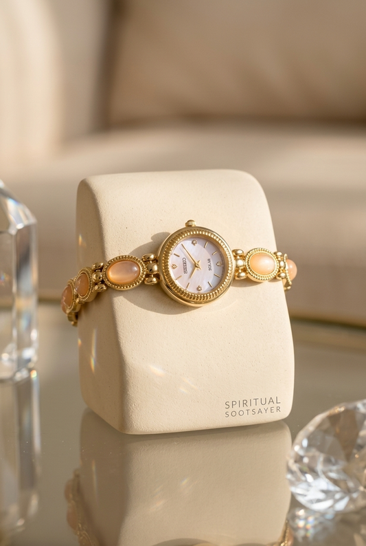 A gold-tone wristwatch with a round white dial and peach-colored stone accents, displayed on a cream-colored jewelry stand labeled 'SPIRITUAL SOOTHSAYER'. The background is a softly blurred beige interior setting with warm natural light.