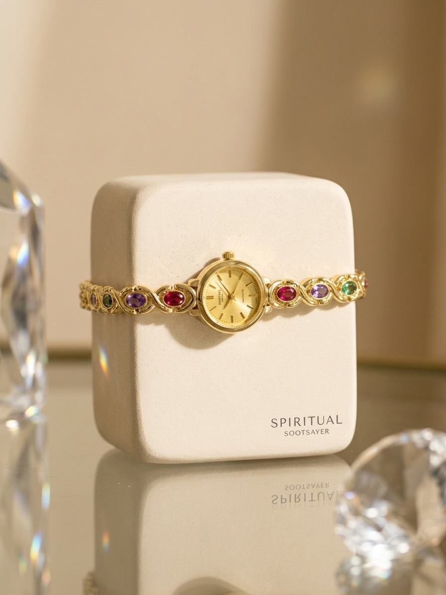 A gold-tone watch with a round dial and colorful gemstone accents on the band, displayed on a cream-colored jewelry box labeled 'SPIRITUAL JEWELRY'.
