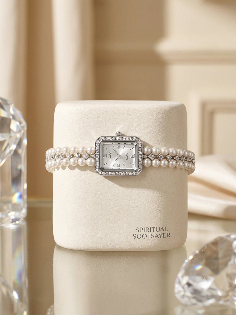 A silver-toned rectangular watch with a diamond-set bezel and a double-strand pearl bracelet, displayed on a cream-colored cylindrical stand labeled 'SPIRITUAL SOOTSAVER'. The background is a soft beige with blurred decorative crystal elements.