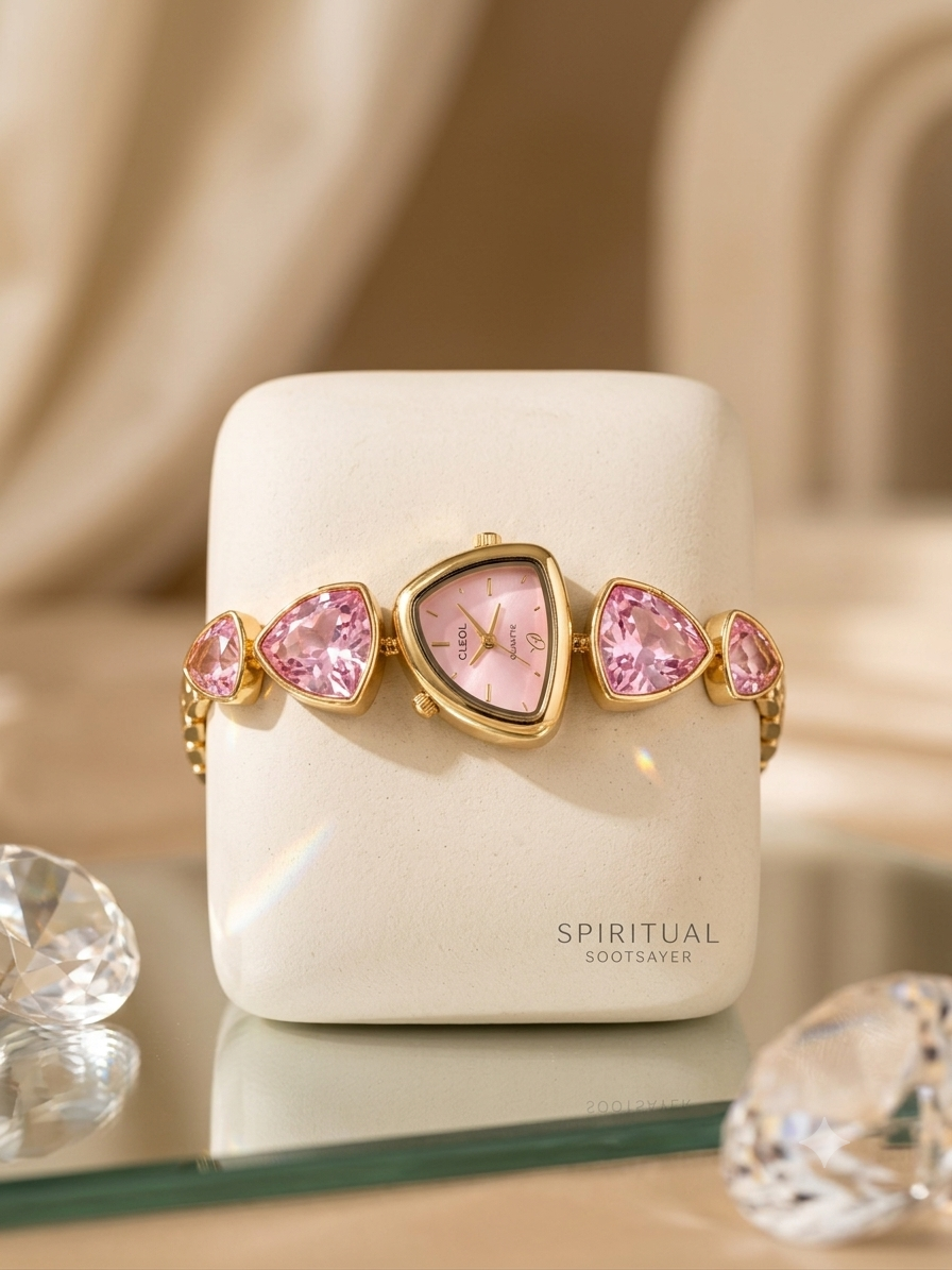 A gold-tone watch with pink heart-shaped crystals and a triangular dial, displayed on a cream-colored stand labeled 'SPIRITUAL BOOTSAVER'.