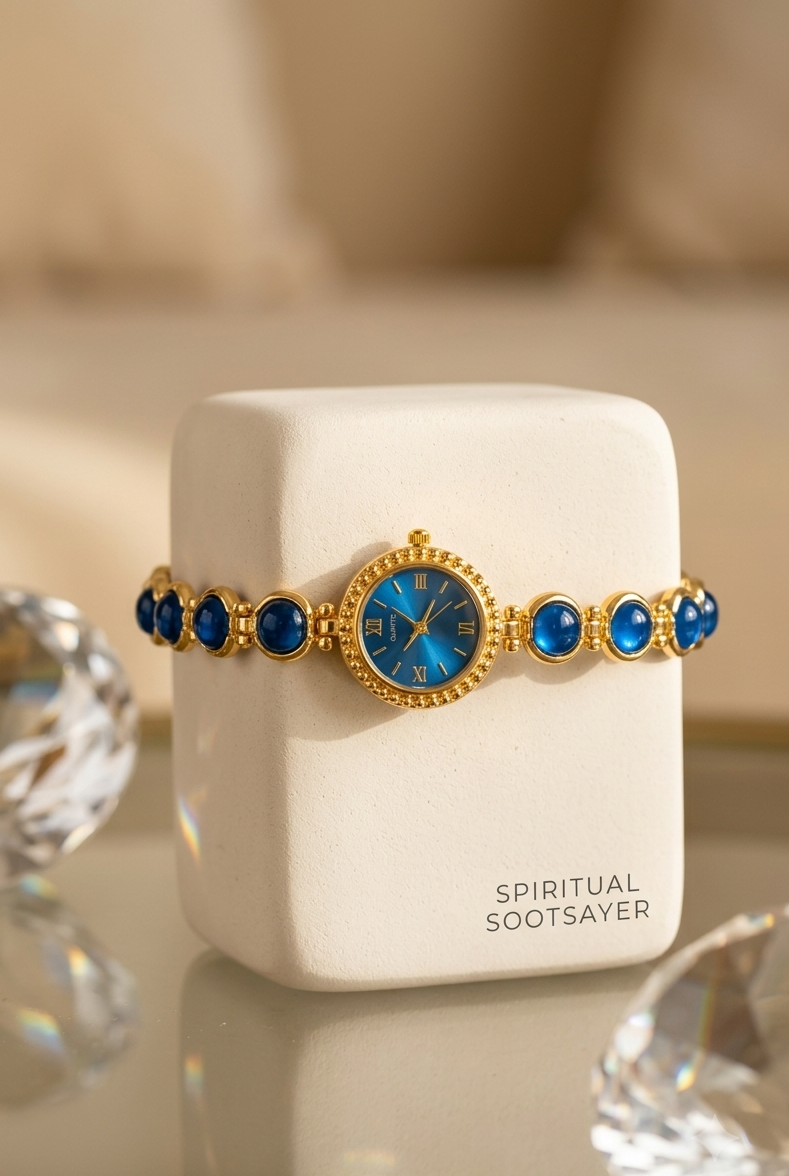 A gold-toned bracelet watch with a blue dial and blue gemstone accents, displayed on a white jewelry stand labeled 'SPIRITUAL SOOTSAYER'.
