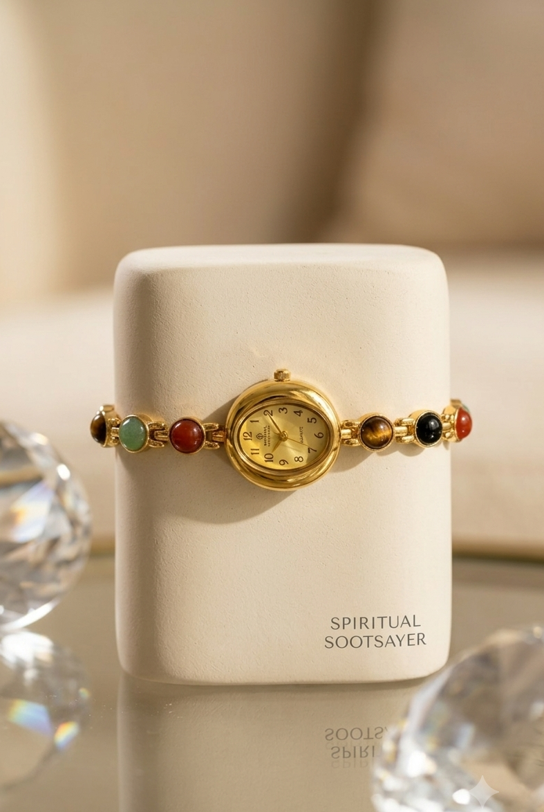 A gold-toned wristwatch with colorful gemstone accents is displayed on a white cylindrical stand. The watch features a round gold dial and a bracelet adorned with green, red, brown, and black stones.