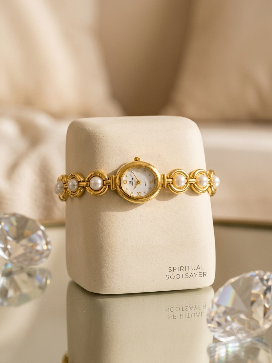 Gold-tone watch bracelet with pearl accents and a round white dial, displayed on a cream-colored jewelry stand with a soft beige background.
