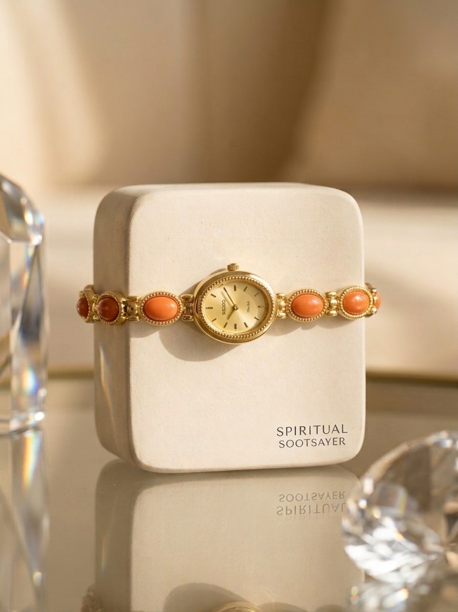 A gold-tone watch with oval coral-orange stones on the bracelet, displayed on a cream-colored brand box labeled 'SPIRITUAL SOOTSAVER'.