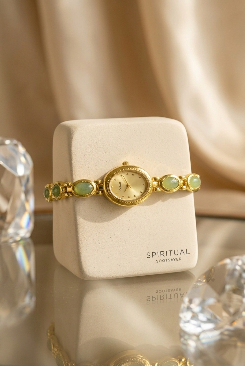 A gold-tone bracelet watch with oval face and green cabochon accents, displayed on a cream-colored square box labeled SPIRITUAL SOOTSAVER against a draped beige satin background.
