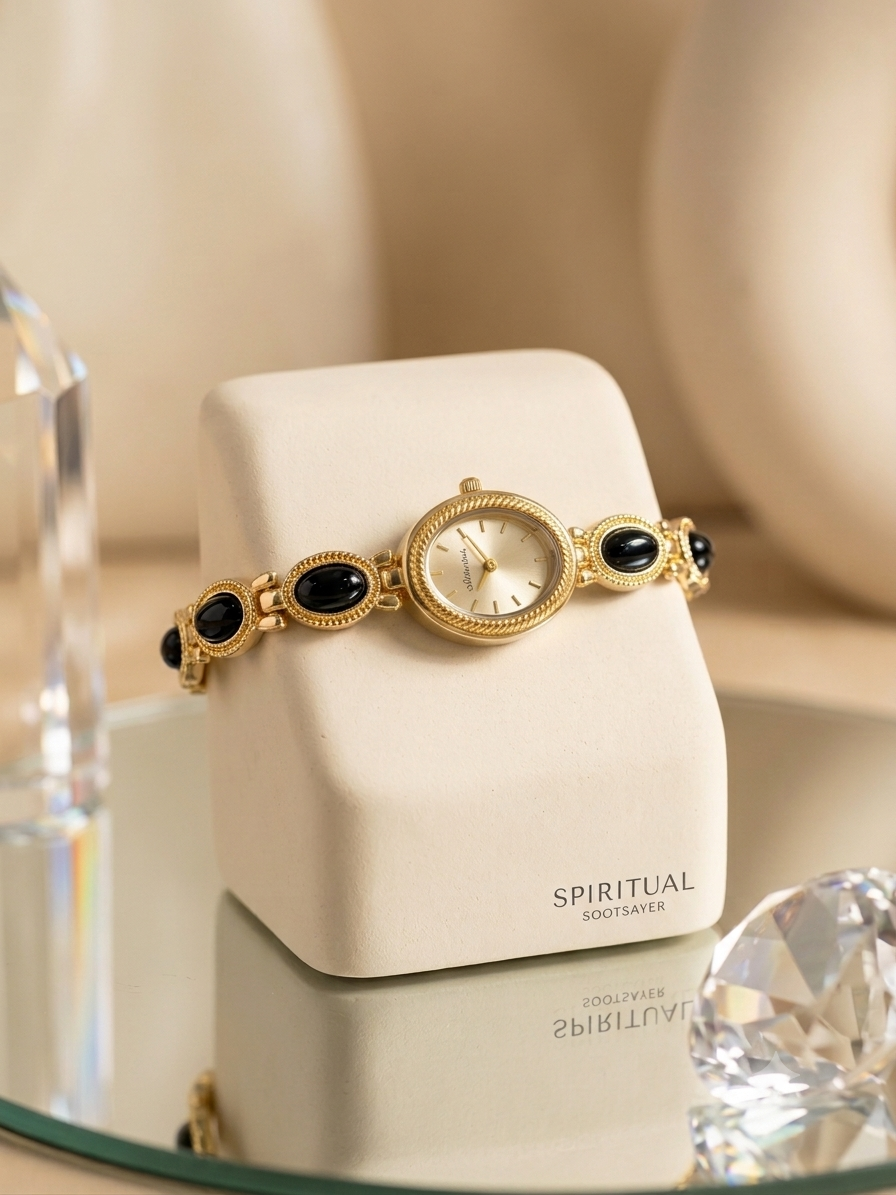 Gold-tone watch bracelet with black oval accents and a cream dial, displayed on a cream jewelry stand labeled SPIRITUAL.