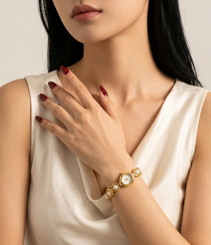 A close-up of a woman wearing a gold-toned bracelet watch with a round white face and pearl-like accents, paired with a cream satin sleeveless top.