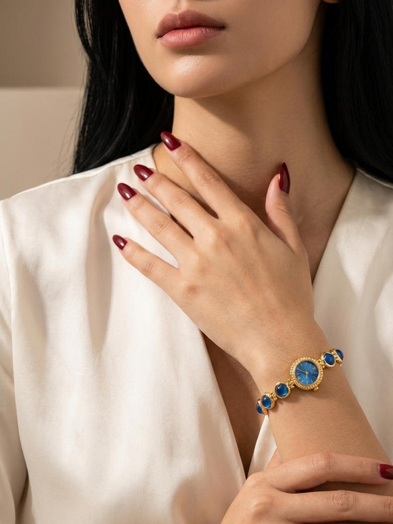 A close-up of a woman wearing a gold bracelet with round blue gemstones, paired with a white satin blouse and dark red manicured nails.