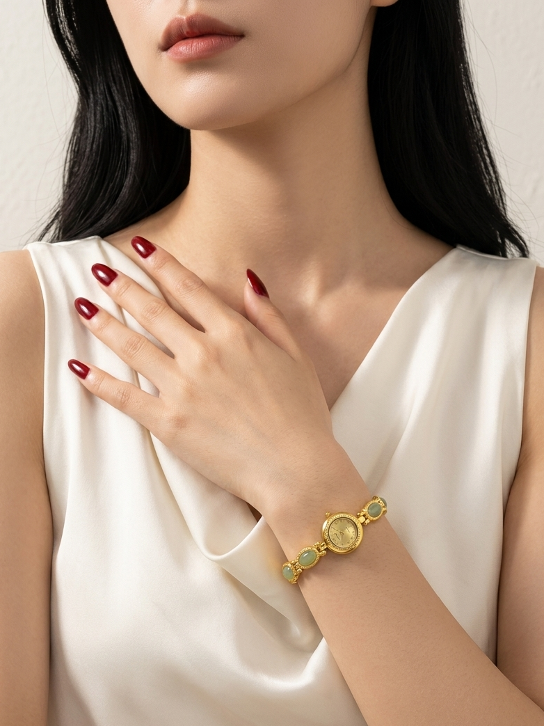 A close-up of a woman wearing a gold bracelet with green stone accents, paired with a white satin sleeveless top. Her hand with dark red nail polish rests on her chest.