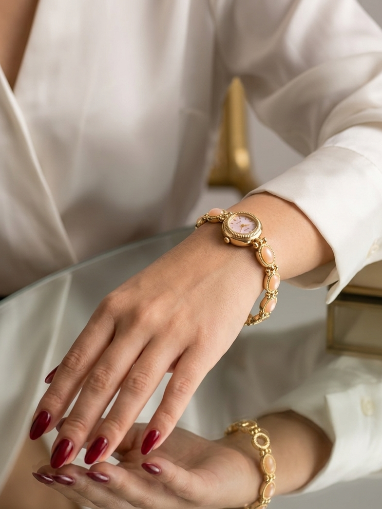 A close-up of a woman's hands and arms wearing a gold beaded bracelet watch on one wrist and a matching gold beaded bracelet on the other, paired with a white blouse.