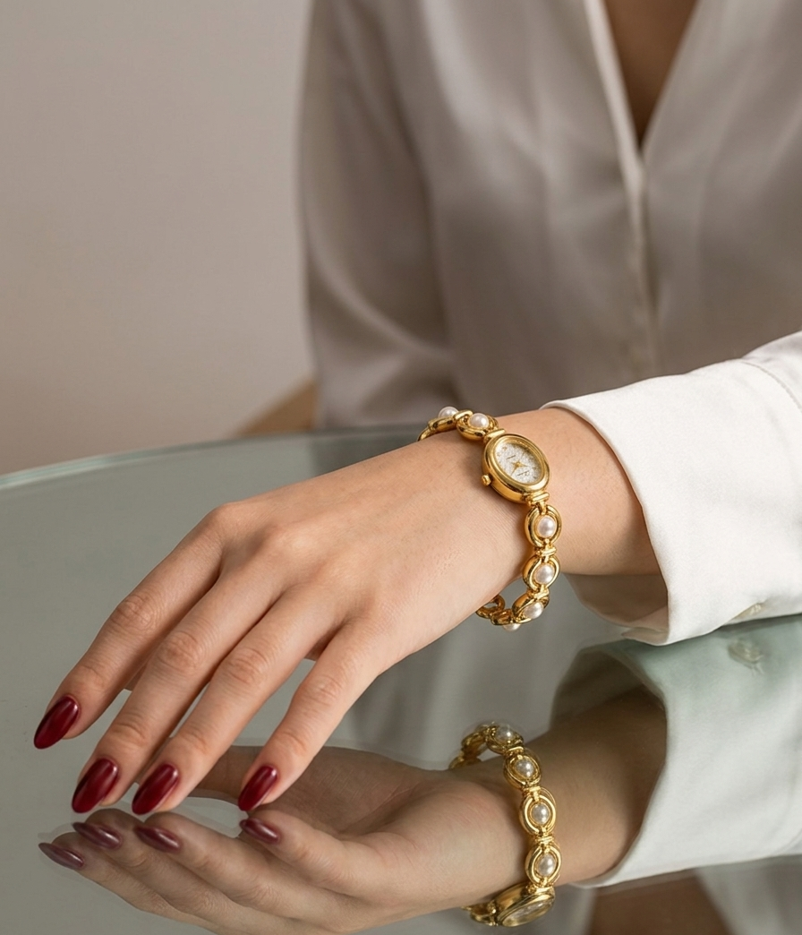 A close-up of a woman's hand and wrist wearing a gold-toned bracelet watch with a round face and matching bracelet, paired with a white blouse. The hand has dark red manicured nails, and the watch is reflected in a glass surface below.