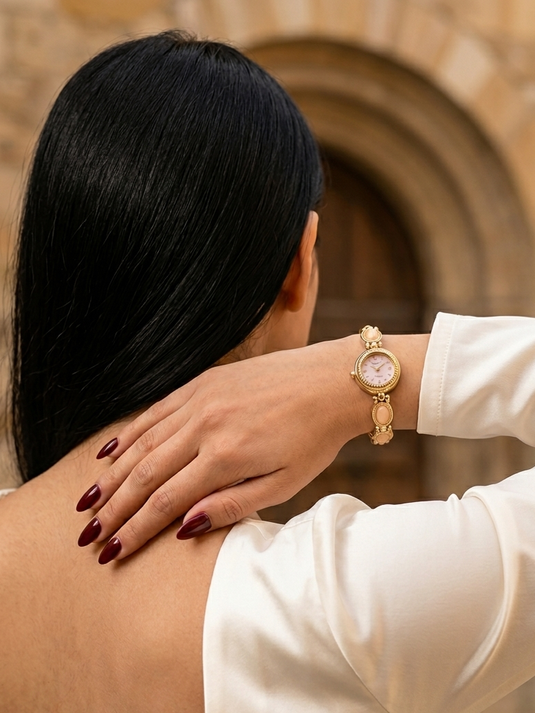 A woman with long black hair, seen from behind, wearing a gold-tone watch with a light pink dial on her wrist. She is wearing a white satin top, and the background shows a blurred stone archway.
