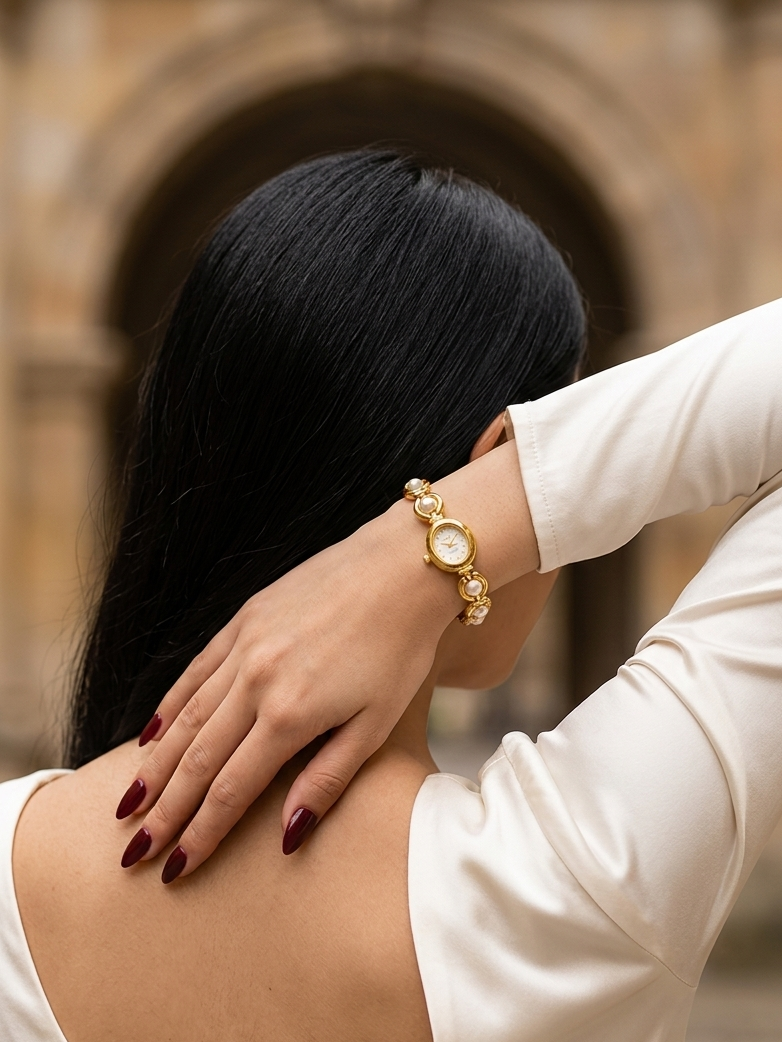 A woman with long black hair, seen from behind, wearing a gold watch with a pearl-like bracelet. She is wearing a cream-colored satin top and has dark burgundy nail polish, posing in front of a blurred stone archway background.