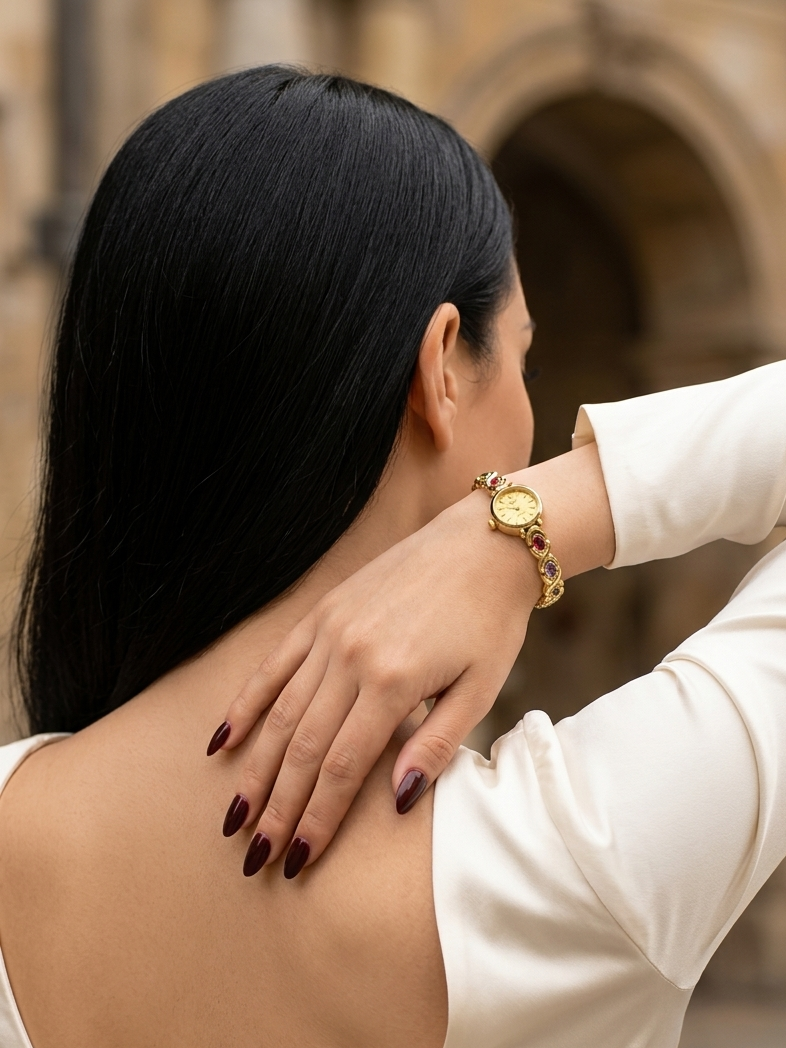 A woman with long black hair is shown from behind, wearing a cream-colored satin top and a gold watch with red gemstone accents on her wrist, set against a blurred stone archway background.