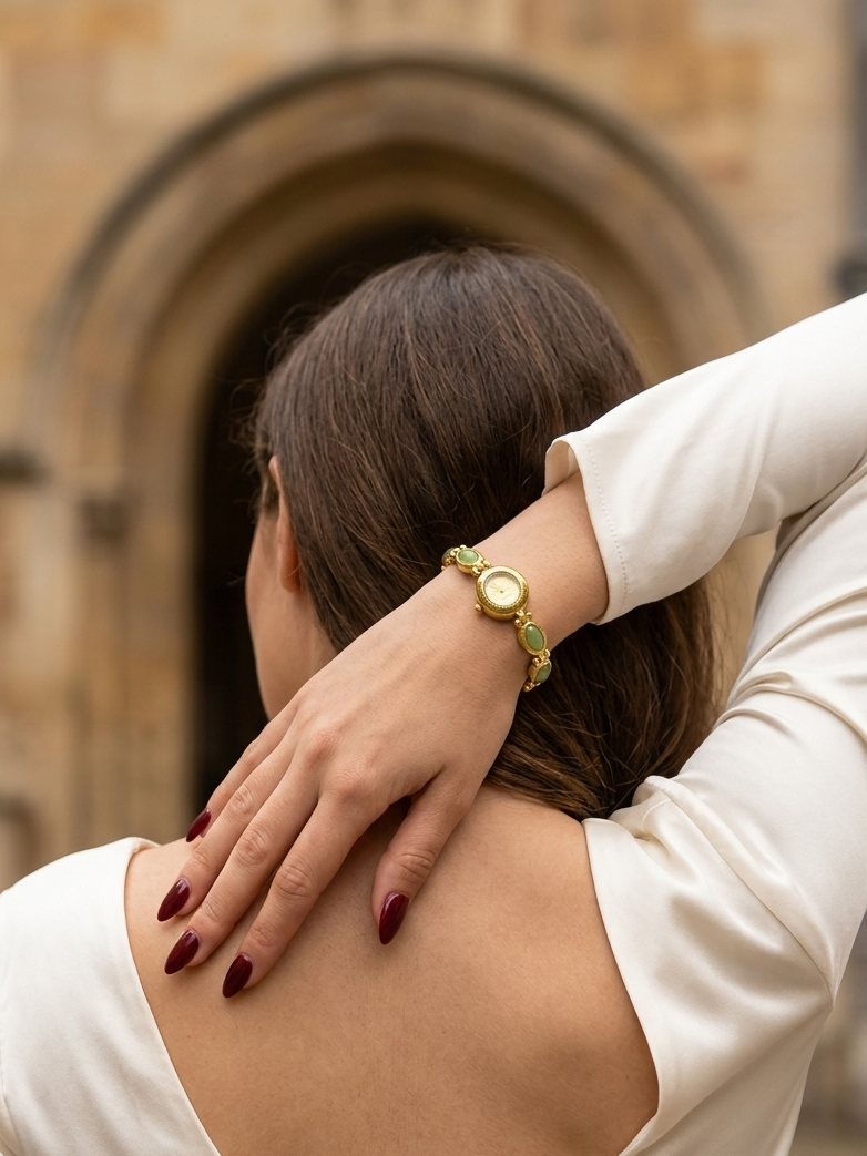 A woman seen from behind wearing a gold watch with a green textured strap, posing with her hand on her neck against a blurred stone archway background.