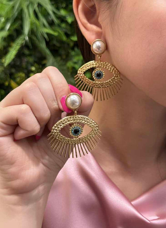 Golden Evil Eye Pearl Earrings - Eye of Divine